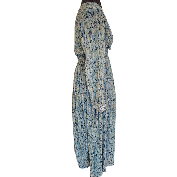 Taylor tiered cottage dress size 2 long sleeve blue green fit flare ankle length - Picture 4 of 13